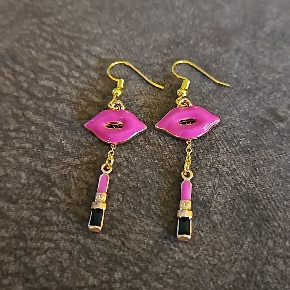 5/$25 Pink Lips Lipstick Valentine's Dangle Hook Earrings - Picture 2 of 4